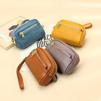 New first layer cowhide hand-held small wallet handbag simple Mini small three zipper leather coin purse for women