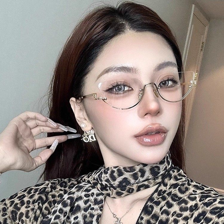 Korean-Style Gold Half-Frame Metal Glasses for Women, High-Intelligence Ins Rimless Anti-Blue Light Non-Prescription Frames, Customizable Prescription