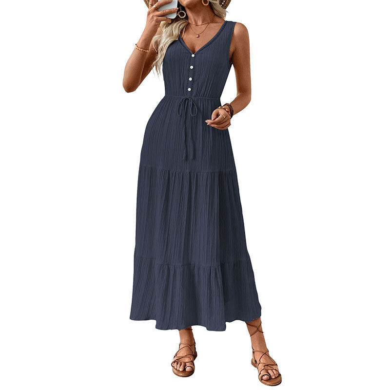 Sleeveless V Neck Summer Dress Minimalist Design Solid Color Adjustable Tie Casual Wear for Women OEM Available