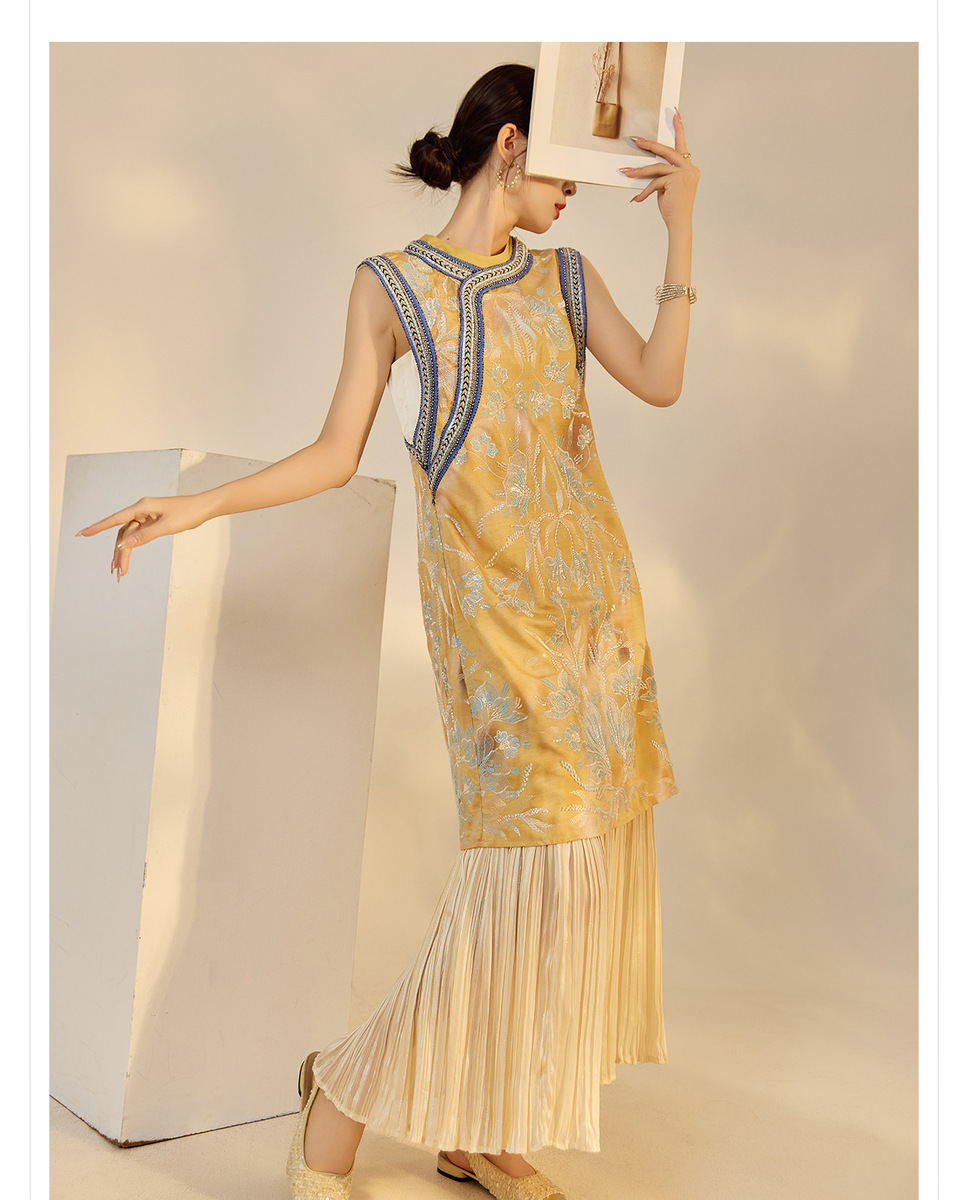 Đầm dài nữ thêu thủ công phối ghép cổ tròn không tay dáng suông — Màu hồng be (giao hàng trong 7 ngày), Màu hồng be (giao hàng trong ngày), Màu xanh hải quân (giao hàng trong 7 ngày), Màu xanh hải quân (phát hành cùng ngày)