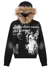 European and American High Street Printed Fur Collar Hooded Sweatshirt for Men and Women, Cross-Border Harajuku Dark Design Jacket