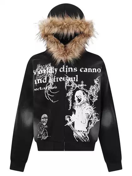 European and American High Street Printed Fur Collar Hooded Sweatshirt for Men and Women, Cross-Border Harajuku Dark Design Jacket