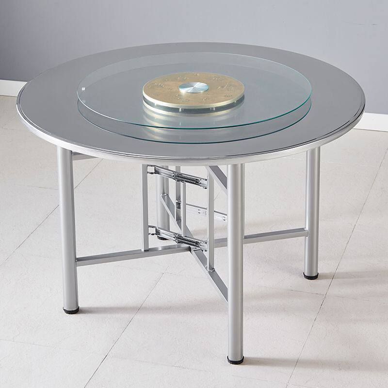 加厚不锈钢转盘圆桌折叠桌园桌转盘烧烤8人10人小圆桌食堂餐桌