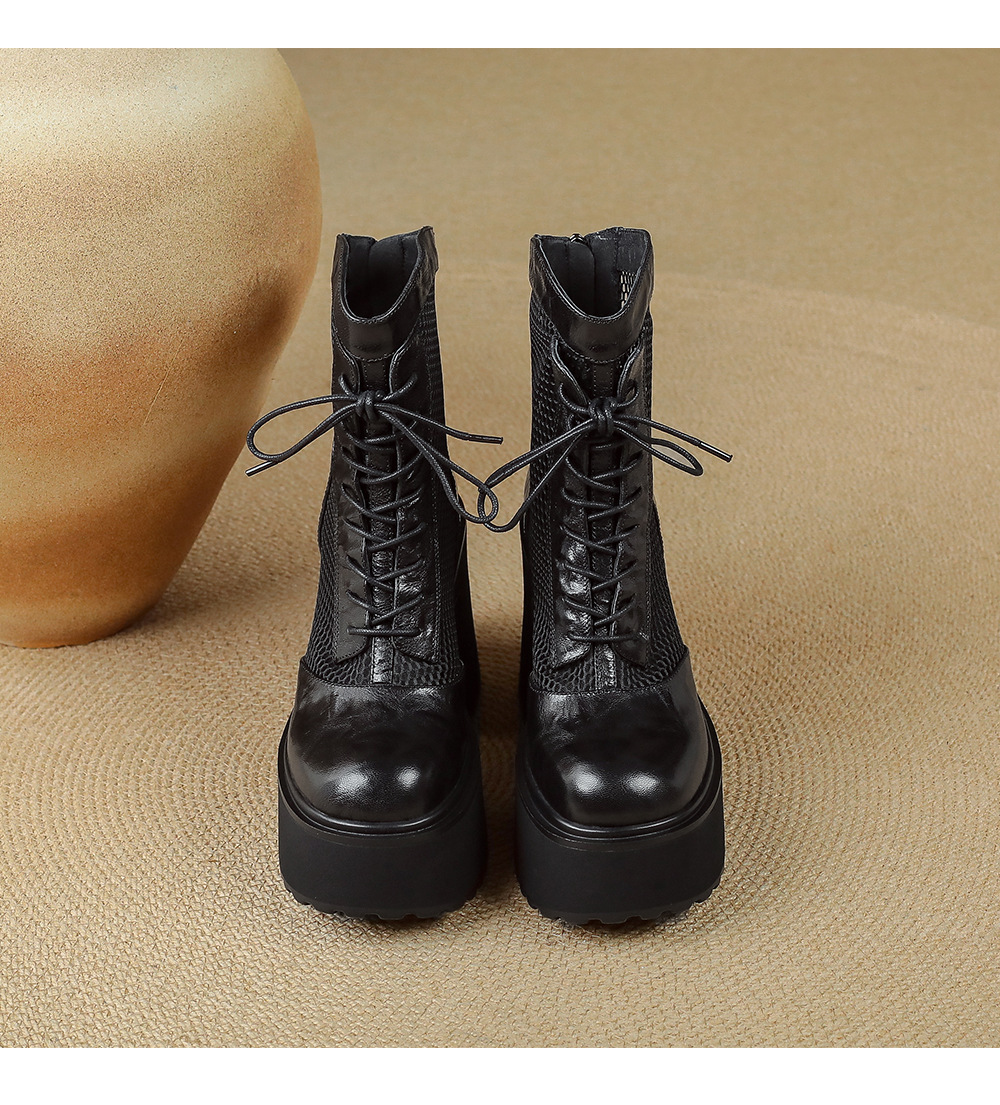 Boot nữ cao gót siêu cao đế platform khoét lỗ phối lưới thoáng khí — màu đen
