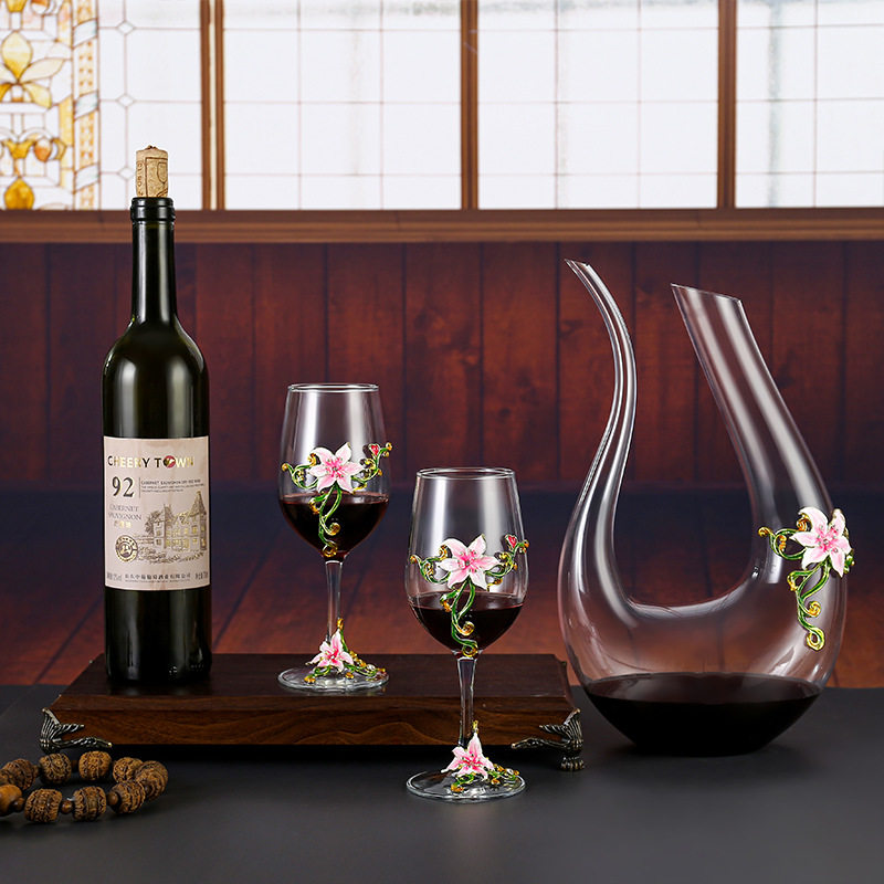 Factory Direct Sales European-Style Lily Enamel Red Wine Glass Crystal Glass Goblet Wine Glass Decanter Set
