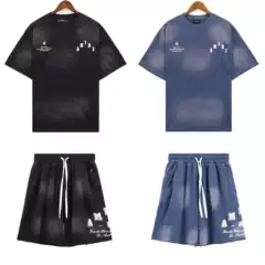 Cross-border European and American fashion brand amri micro-logo alphabet washed vintage short sleeve shorts men's and women's high street sports leisure suit
