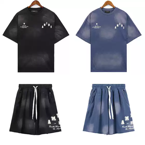 Cross-border European and American fashion brand amri micro-logo alphabet washed vintage short sleeve shorts men's and women's high street sports leisure suit