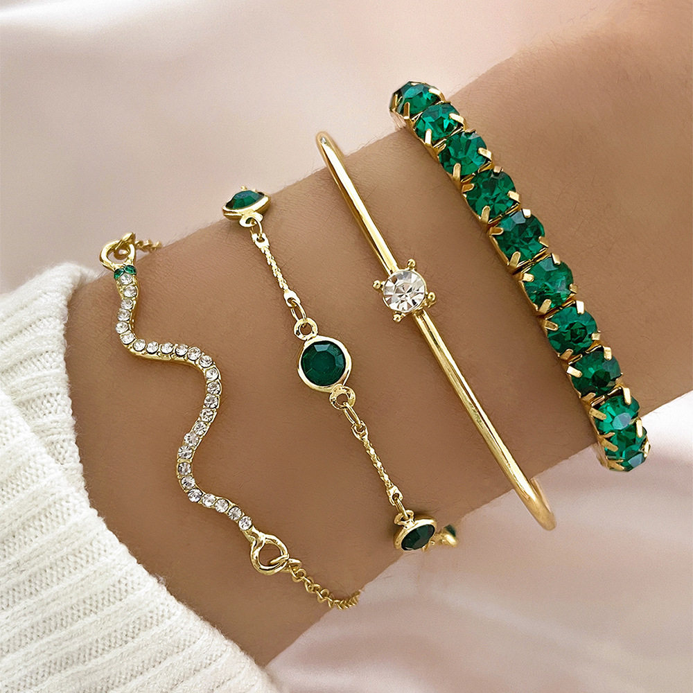 Cross-Border European and American Fashion Green Emerald Diamond Elastic Bracelet Women's 4-Piece Set High-End Snake Bracelet Metal Bracelet