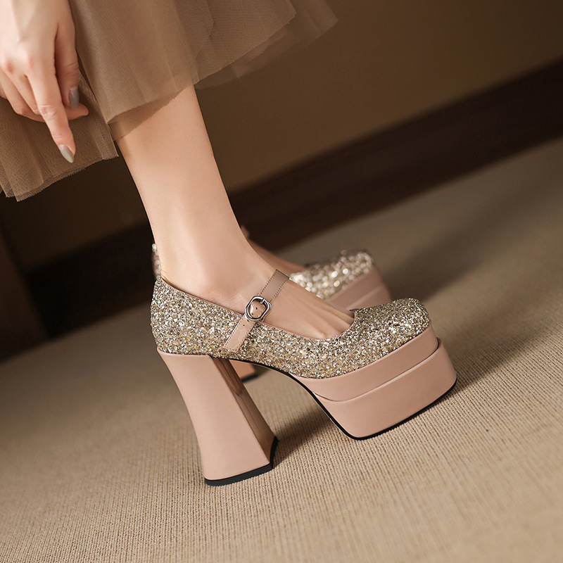 Giày cao gót mũi vuông đính sequin quai ngang đế xuồng — Màu đen, Màu sâm panh