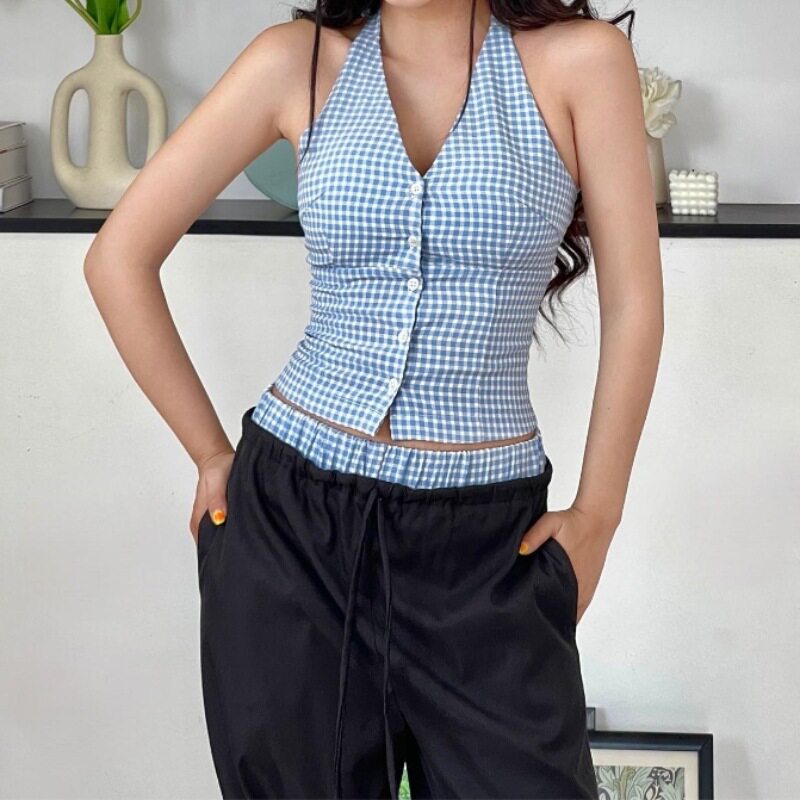 Vintage Plaid Halter Top and Loose Fit Trousers Set Sweet Style Casual Summer Wear Available in Multiple Sizes