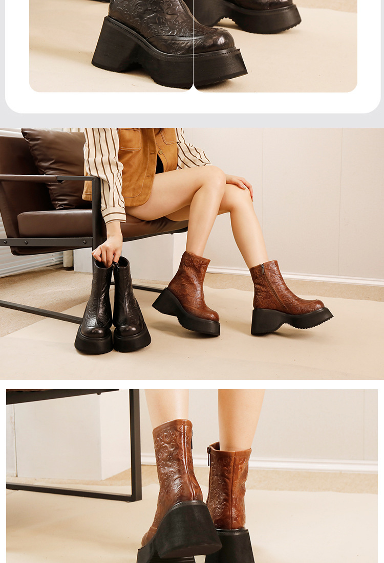 Boot nữ cổ thấp da bò lớp đầu lót lông giữ ấm gót vuông — Màu cà phê, Màu đen