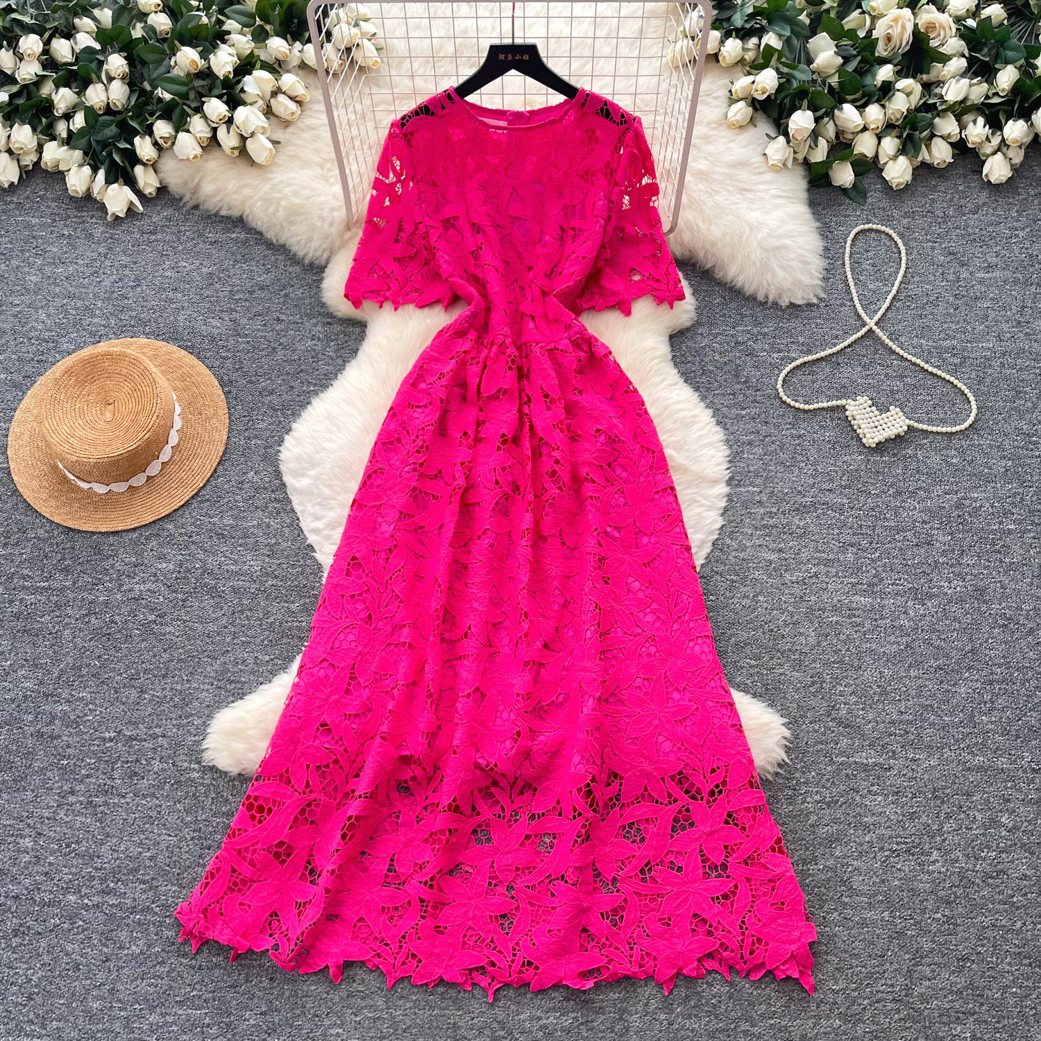 French Lace Short Sleeve Dress Hollow Out Waist Defining A Line Silhouette Elegant Summer Office Wear Wholesale