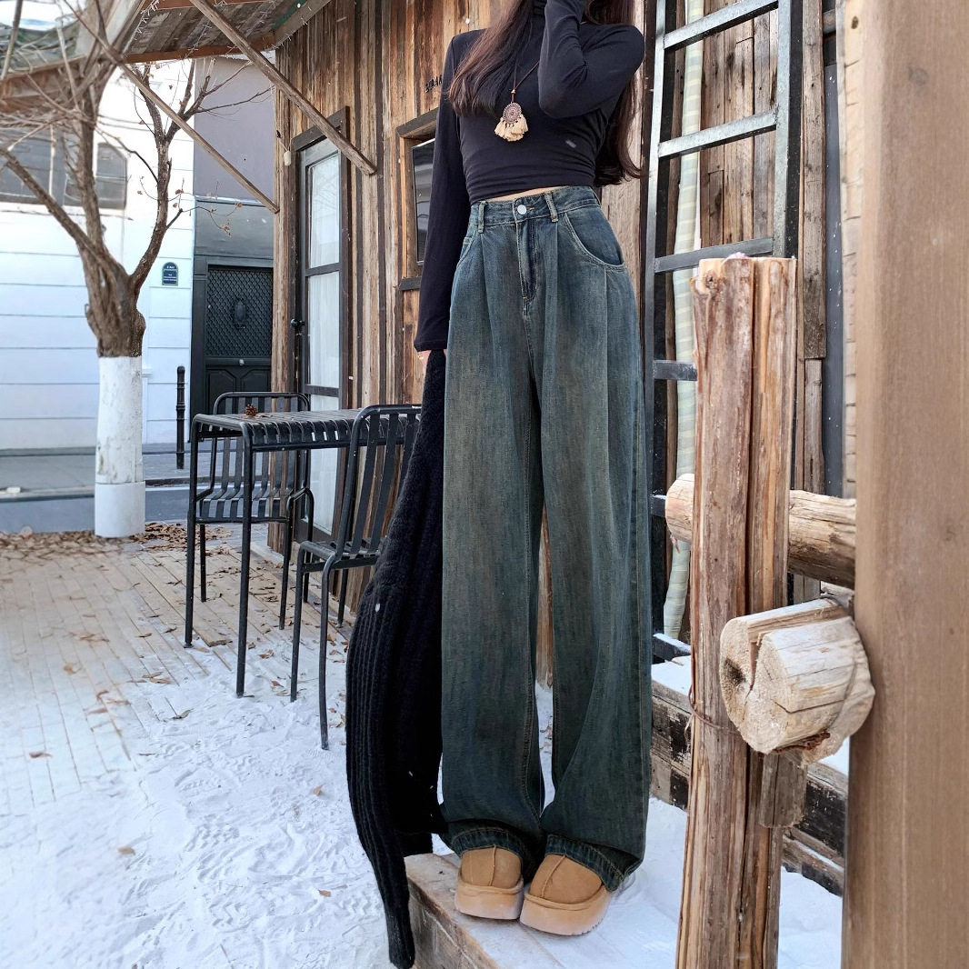 อเมริกันซีเมนต์สีเทากำมะหยี่เอวสูงกางเกงยีนส์ผู้หญิง 2024 ใหม่ฤดูใบไม้ร่วงและฤดูหนาวหลวมSlimmingกางเกงขากว้าง