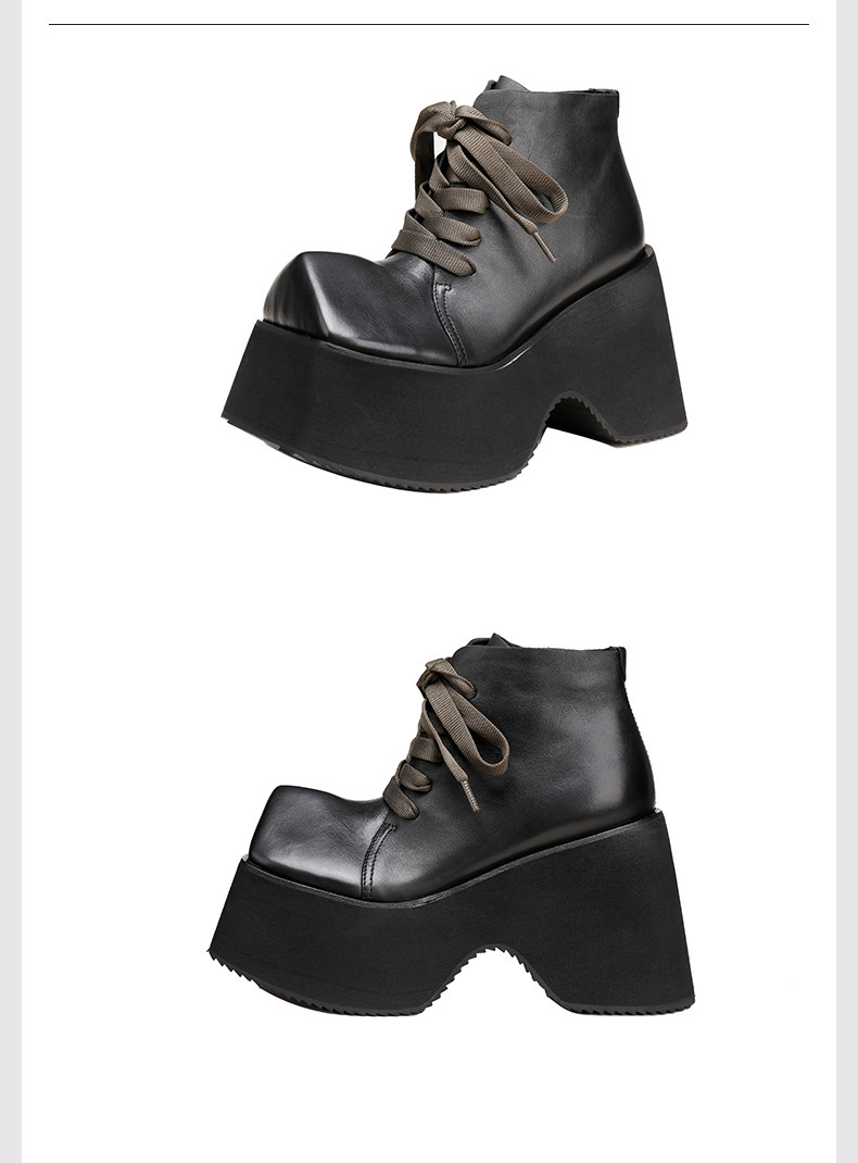 Boot Martin nữ cổ ngắn đế dày 10cm mũi vuông da bò thật buộc dây — Màu đen