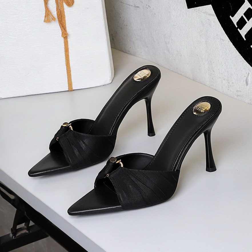 Sandal cao gót nữ mũi nhọn quai ngang họa tiết da báo, giày cao gót ren nhún gót 9cm — Họa tiết da báo, Màu be, màu đen