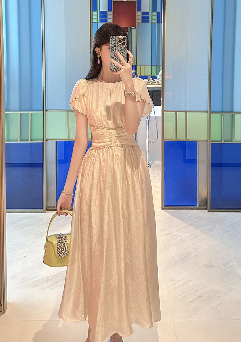 Đầm maxi nữ cổ tròn tay bồng phong cách Pháp — [Màu hồng đào] chi tiết 6