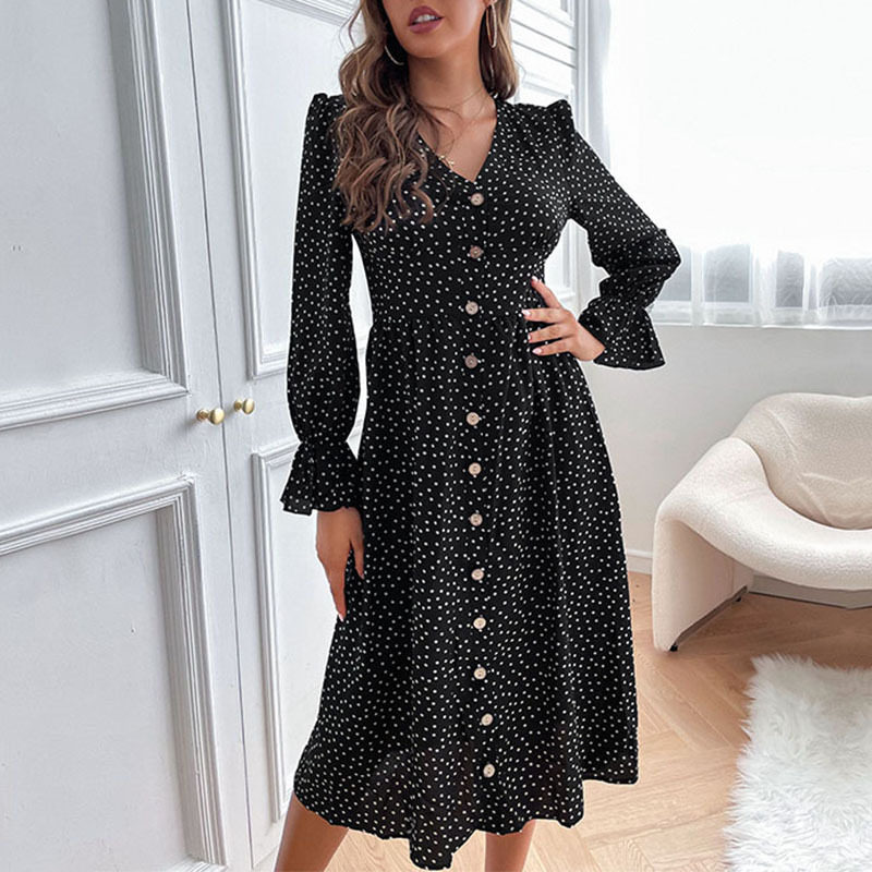 Black Polka Dot Long Sleeve Dress Elegant Design Autumn Fashion Comfortable Fit Wholesale Available