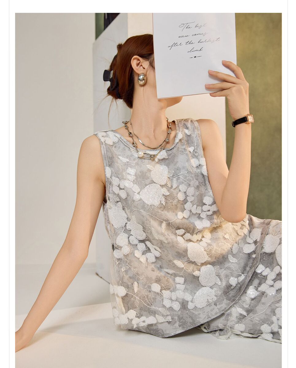 Set áo gilê và chân váy dài thêu hoa đính cườm nữ — Gi lê màu trắng be, Gilê đen cao cấp, Chân váy đen cao cấp, Chân váy màu trắng be