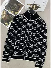 High-End Nanyou g Brand New Towel Embroidery Stand Collar Zipper Double g Full Print Knitted Wool Cardigan Women's Rabbit Fur