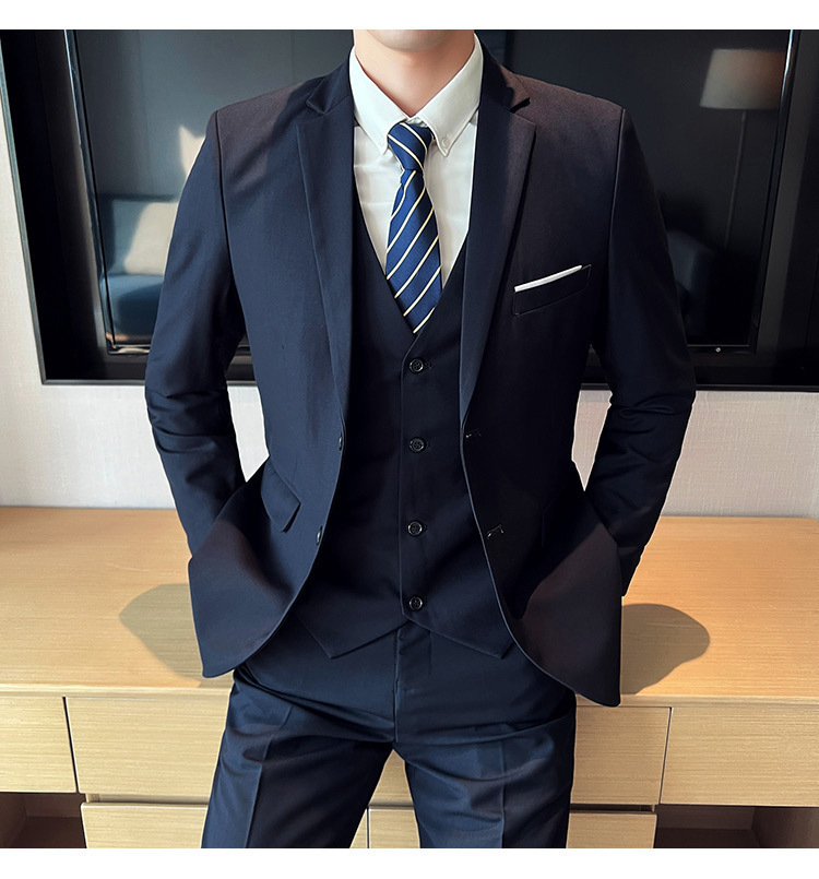 Bộ vest nam ôm dáng ba món phong cách công sở và dự tiệc cưới — Màu xám (áo một nút + áo vest + quần), Màu xanh navy (áo một nút + vest + quần), Màu xám (áo một nút + quần), Màu xám (áo đơn một nút)
