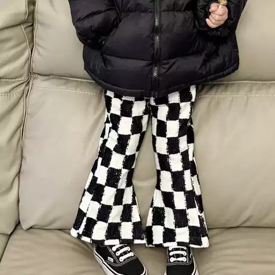 Korean New Children's Wear Girls' Autumn and Winter fleece-lined Checkerboard Pants Stylisch Baby Girl's Plaid Casual Trendy Flared Pants