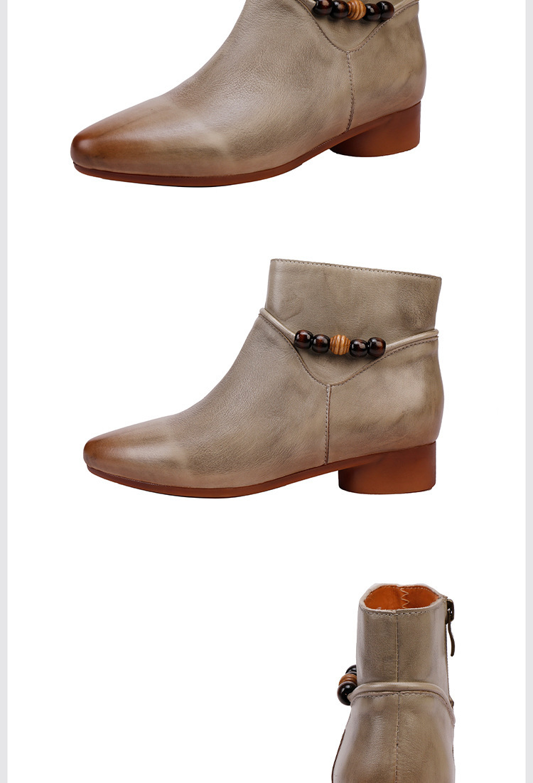 Boot nữ cổ thấp da bò thật mũi nhọn gót thấp thanh lịch — màu đen, màu xám