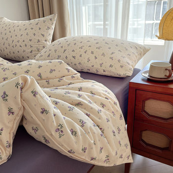 Small Floral Cotton Cotton Four-piece Set Mother and Infant Grade Double-layer Yarn Bed Sheet Quilt Cover Bed Hat Single Dormitory Bedding