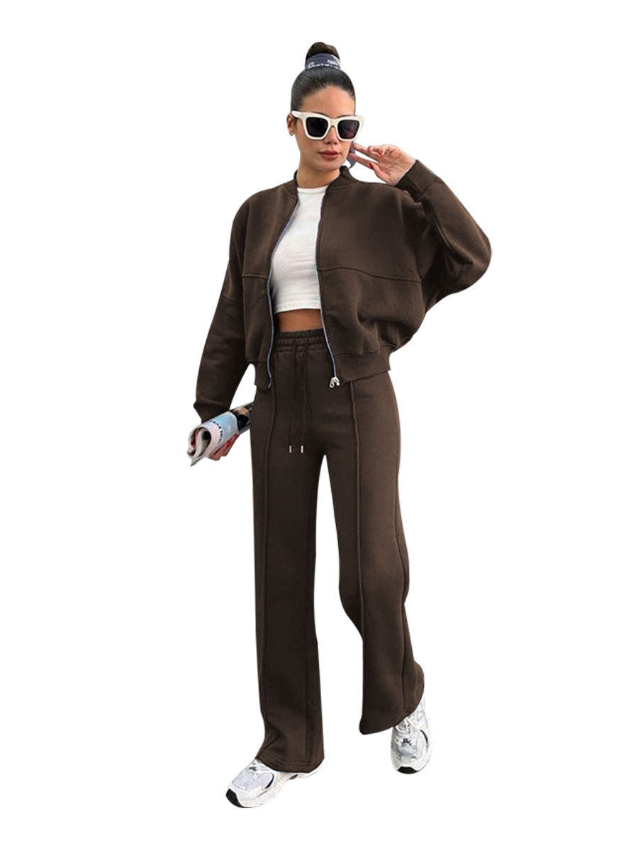 211472 autumn and winter new cross-border Europe and the United States solid color fleece-lined zipper cardigan women's fashion casual straight pants suit
