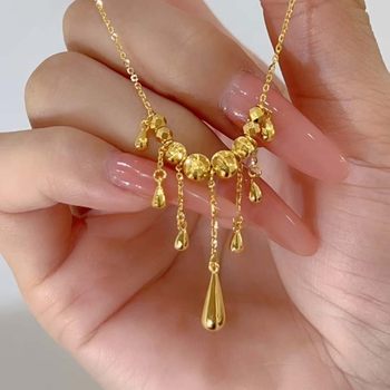 Gold Shop Same Style Cat's Eye Tassel Water Drop Necklace Women's Light Luxury Simple Laser Beads Smart Exquisite High-end Clavicle Chain