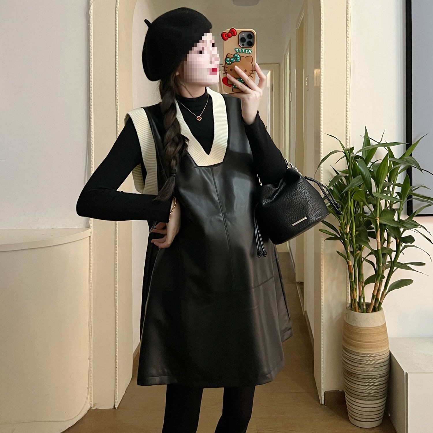 Maternity Wear Spring New Style Black Sweet Cool Style Leather Contrast Vest Dress Suit Fashion Dress Petite