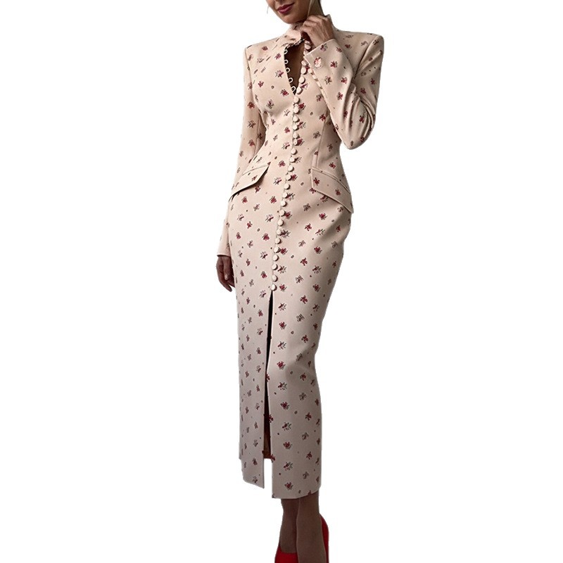 Spring Floral Print Split Hem Dress Elegant Sexy Button Closure Womens Fashion for Casual Occasions Wholesale