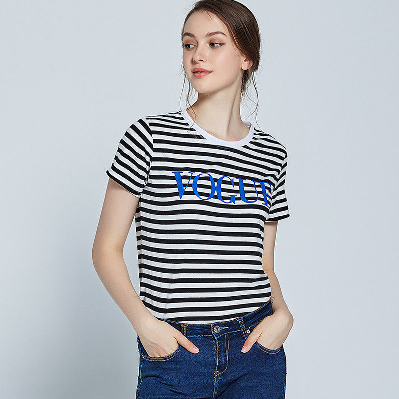 Womens Cotton Short Sleeve T Shirt Floral Stripe Print Soft Loose Fit Spring Summer Fashion Top Wholesale Available