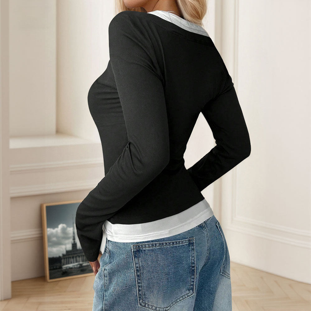 Color Block Long Sleeve T Shirt Slim Fit Milk Silk Fabric Spring Summer Style Wholesale Available
