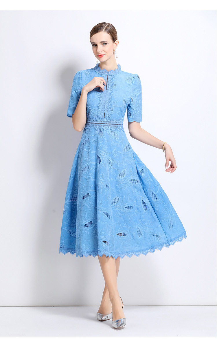 Elegant Short Sleeve Lace Dress for Women French Style Hollow Out Waist Defined High End Fashion Perfect for Formal