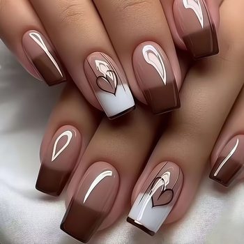 Autumn and Winter French Texture Brown Wearable Nails European Square Short Heart Painted Manicure Fake Nails Tc-12
