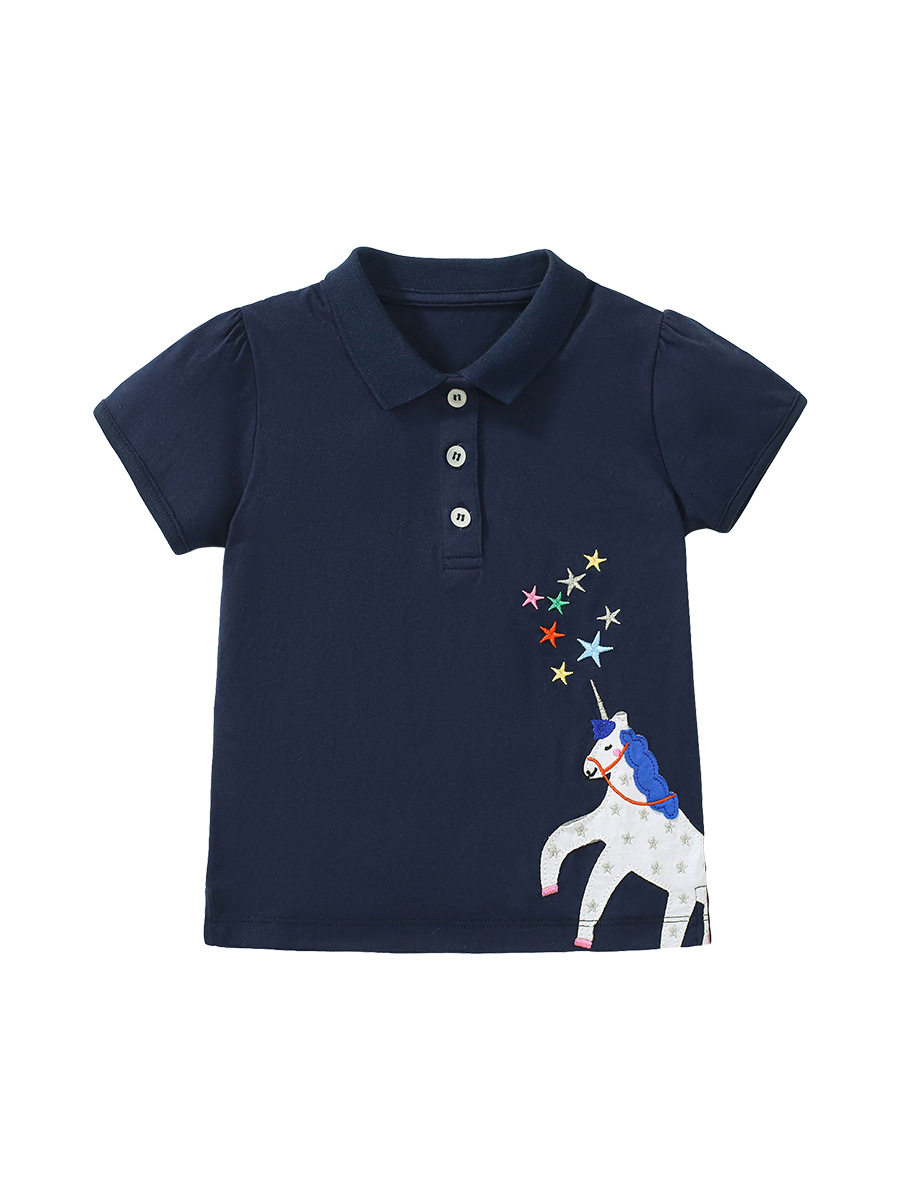 Girls' Summer Cotton Applique Short-Sleeve Polo Shirt, Trendy Top