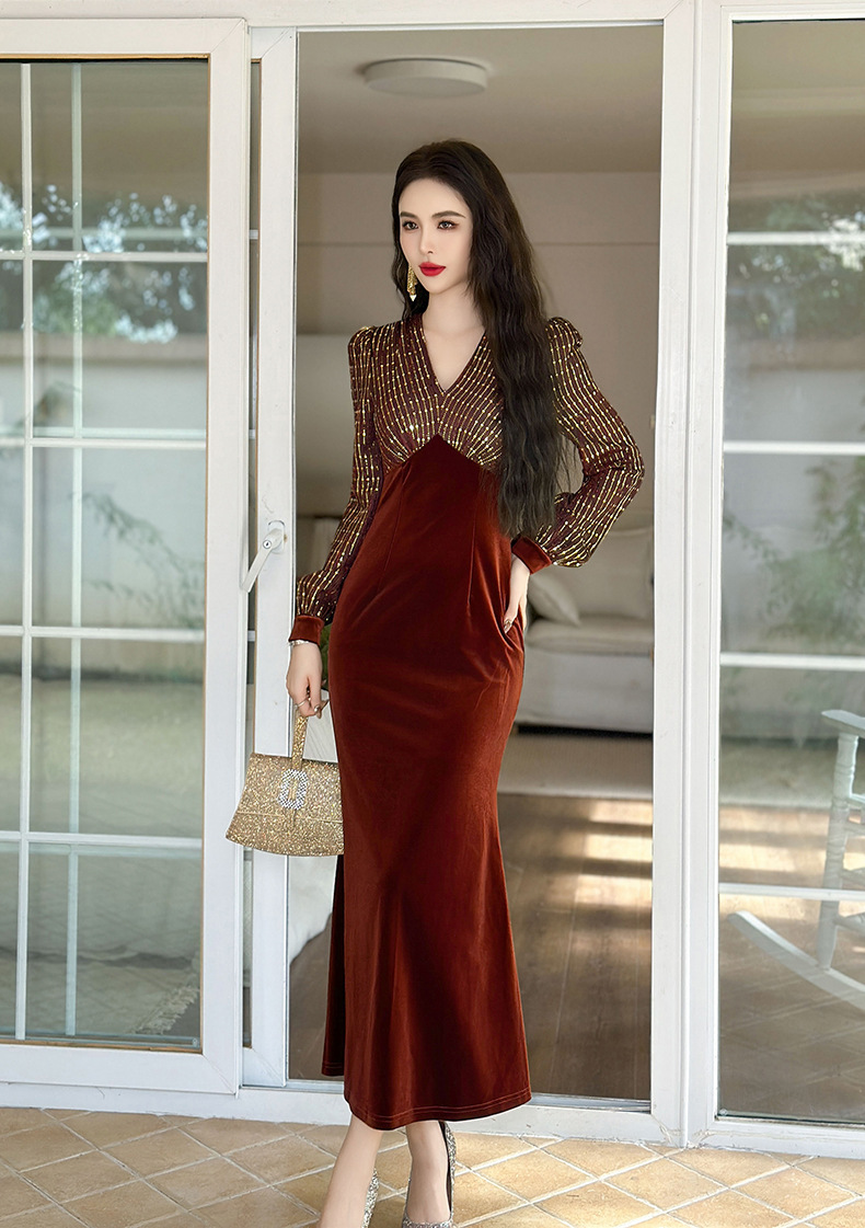 Đầm dài nhung phối sequin cổ chữ V dáng đuôi cá nữ — Xanh đá quý, Màu đen, Đỏ gỉ sắt