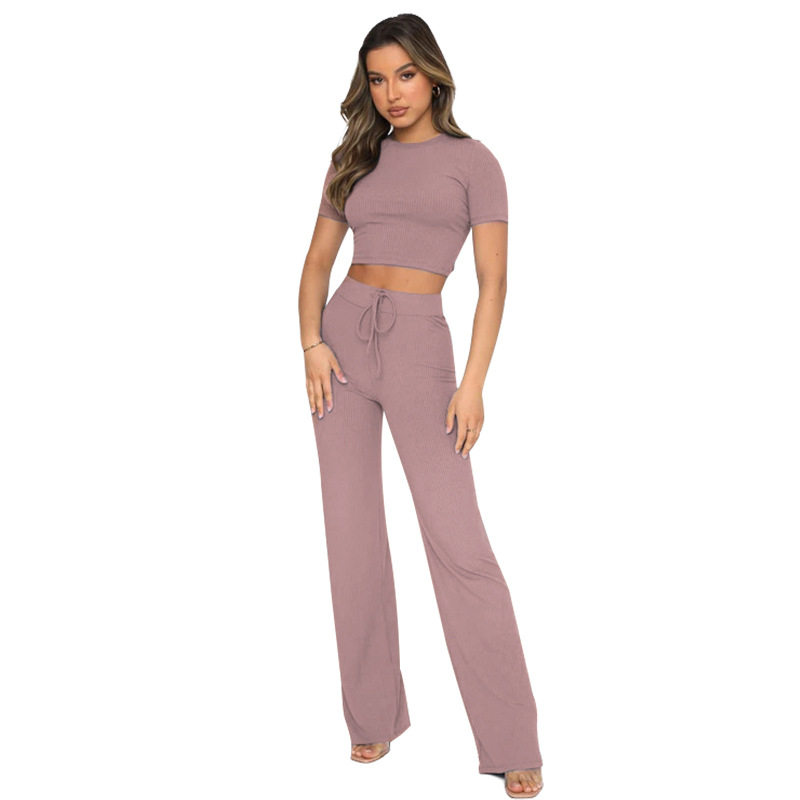 Cross-border European and American New Fashion Casual Suit Women's Solid Color High Elastic Body Shaping Short Sleeve Pit Wide Leg Pants Two-piece Set