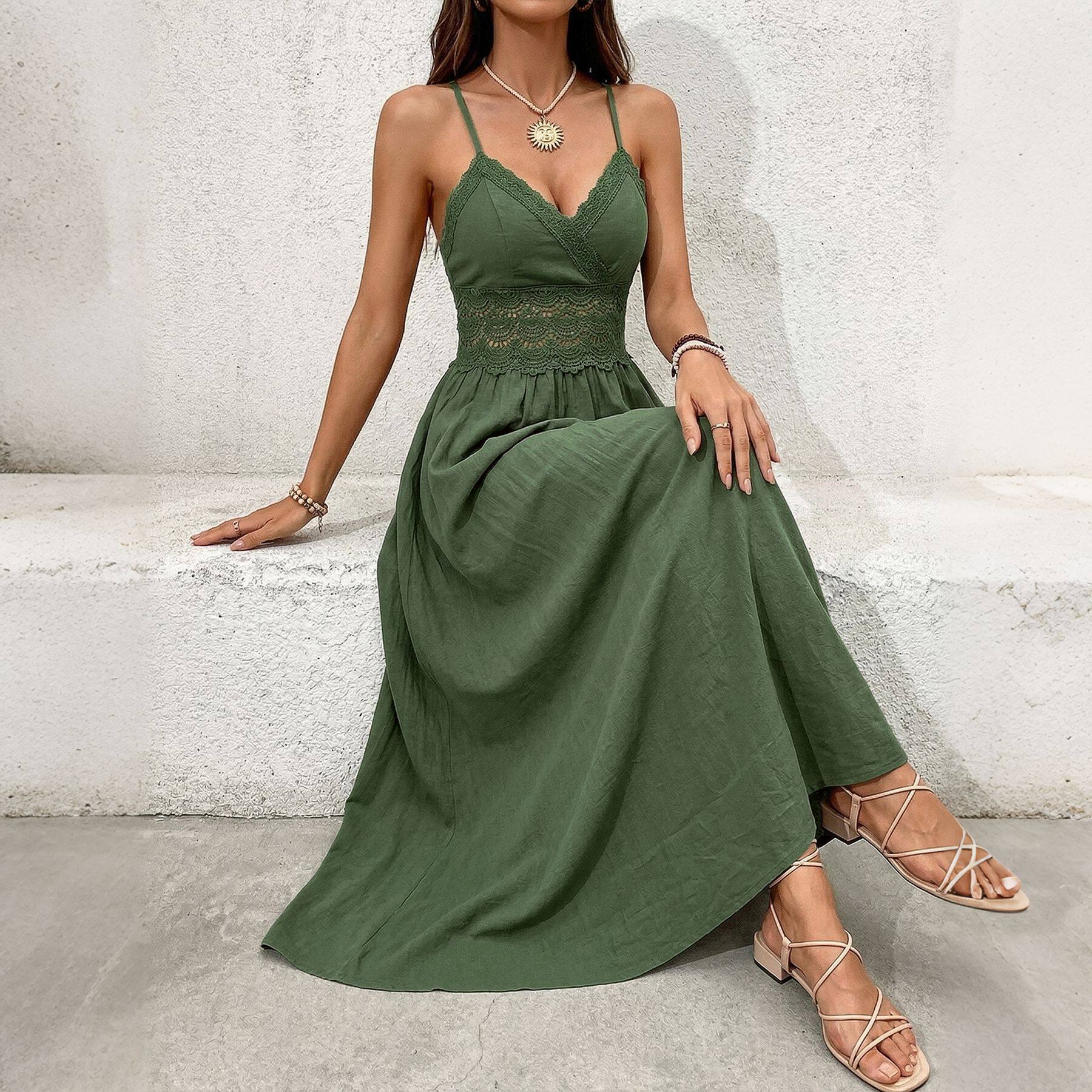 Lace Backless Dress Solid Color Sleeveless Ethnic Style Perfect for Vacation or Summer Events Wholesale Available