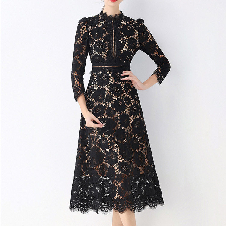 French Elegant A Line Dress Round Neck Hollow Lace Waist Defining Slim Fit Autumn Fashion for Special Occasions
