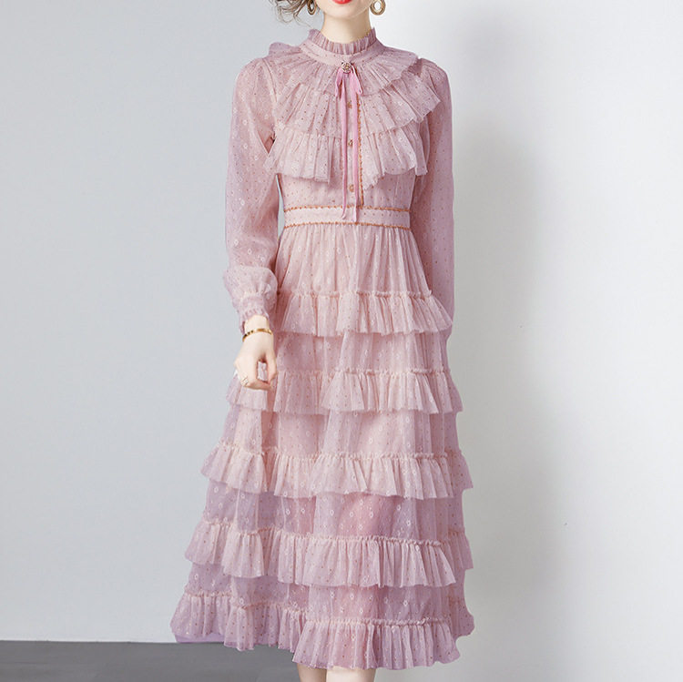 Elegant Long Sleeve A Line Dress High End Lightweight Fabric Waist Defining Sheer Mesh Cake Style Perfect for
