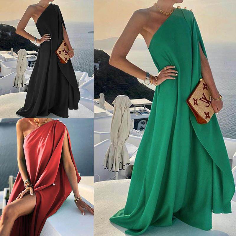 women's clothing new European and American foreign trade temperament fashion solid color loose one-shoulder long skirt