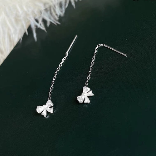 s999纯银蝴蝶结耳线小众气质流苏耳环女韩系轻奢ins风级感耳钉 - 图0