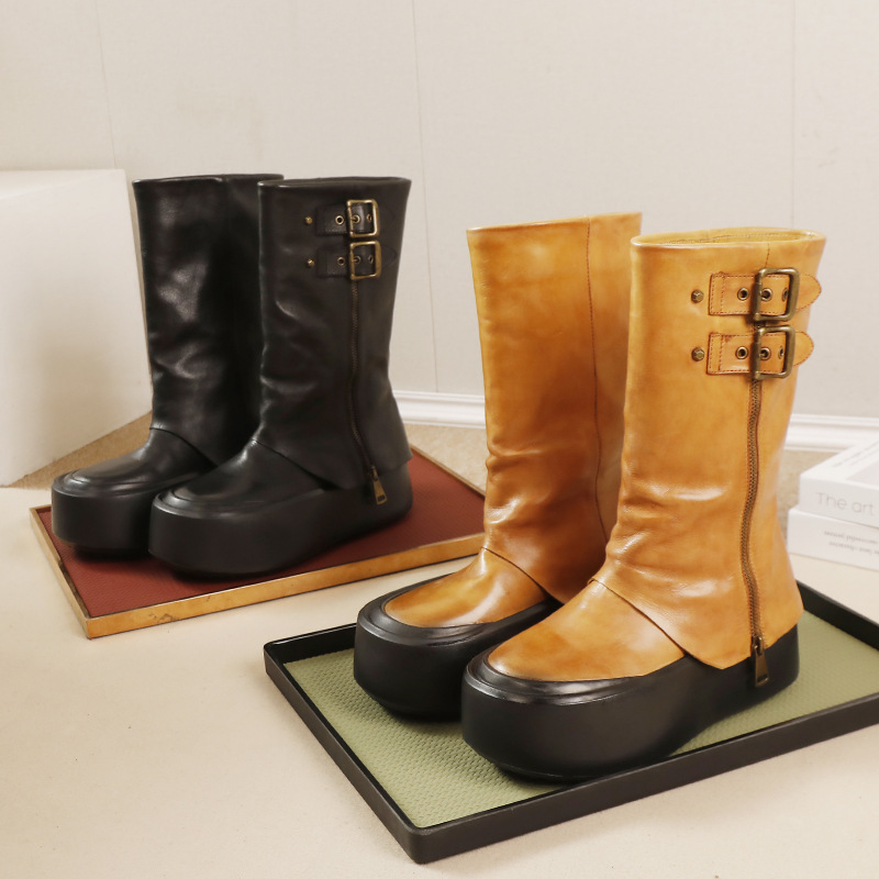 Boot nữ cổ cao da bò thật gót vừa tôn dáng — Màu đen, Màu nâu đậm