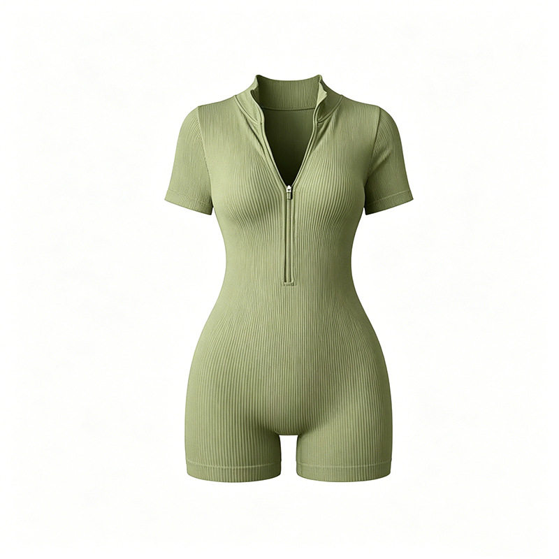 Sports Ribbed Short Sleeve Zipper Bodysuit Boxer Briefs Women's Bottoming Outer Wear