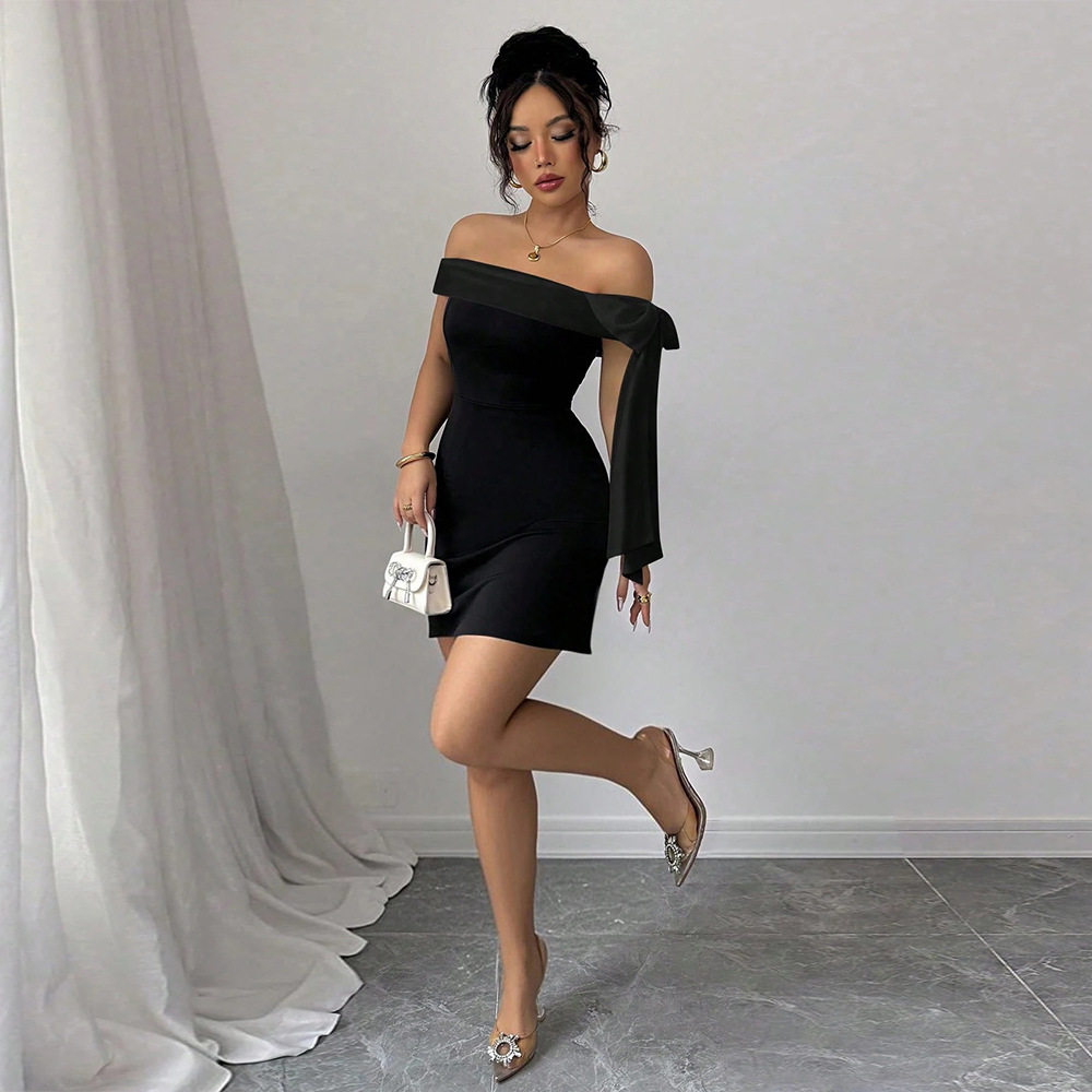 Elegant Off Shoulder Black A Line Mini Dress with Ruffled Details Slim Fit Chic Style for Parties or Events Wholesale