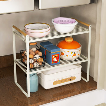 Factory wholesale Japanese kitchen countertop shelf cabinet pots and pans dishes layered rack wooden stick storage rack