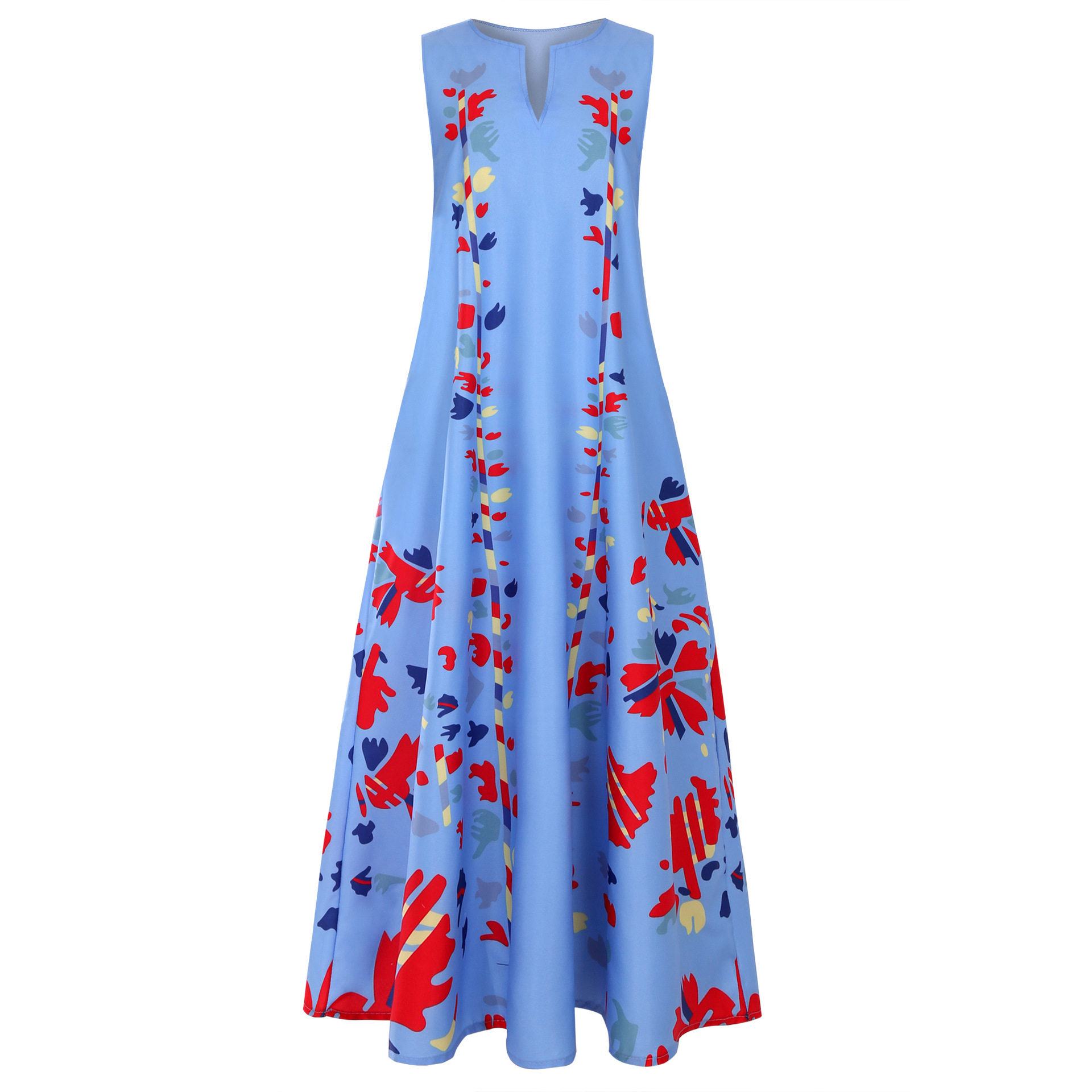Fashionable Deep V Neck Printed Maxi Dress Sleeveless Trendy Design Comfortable Fabric Perfect for Summer Events