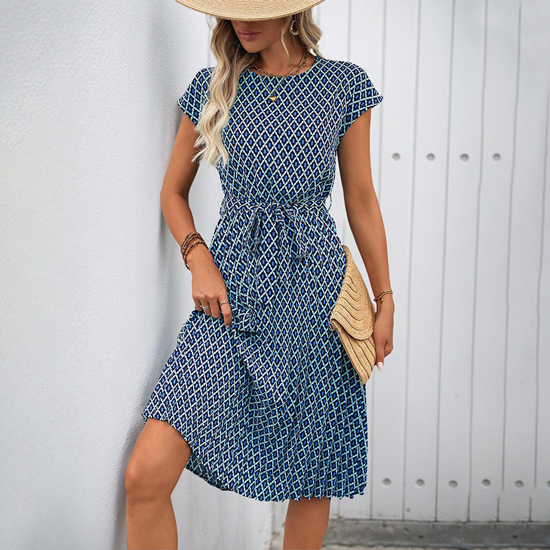 Geometric Print Short Sleeve Dress Minimalist Style Round Neck Comfortable Fabric Perfect for Casual Occasions OEM
