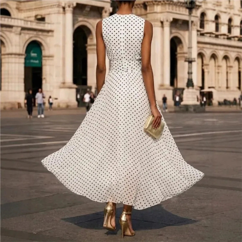Womens Summer Dress Elegant Waist Tie Design Polka Dot Pattern Comfortable Fabric Perfect for Casual Outings